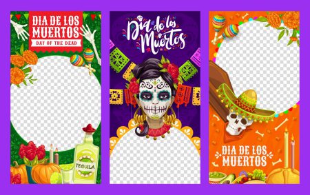 Illustration for Dia de Los Muertos Mexican holiday templates for social media and blog posts, vector frames. Day of Dead or Dia de Los Muertos backgrounds with Mexican Catrina calavera, tequila and marigold flowers - Royalty Free Image