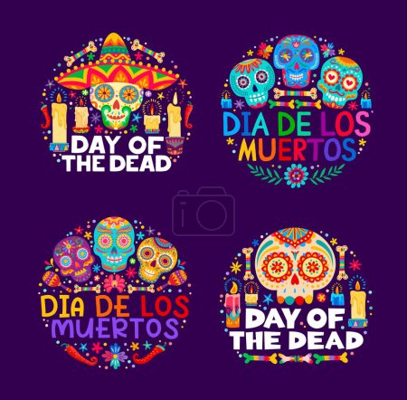 Ilustración de Mexican Dia De Los Muertos or Day of Dead holiday banners, vector calavera skulls. Dia de Los Muertos decoraciones de fiesta con velas, chiles y adornos florales mexicanos para carnaval del día muerto - Imagen libre de derechos