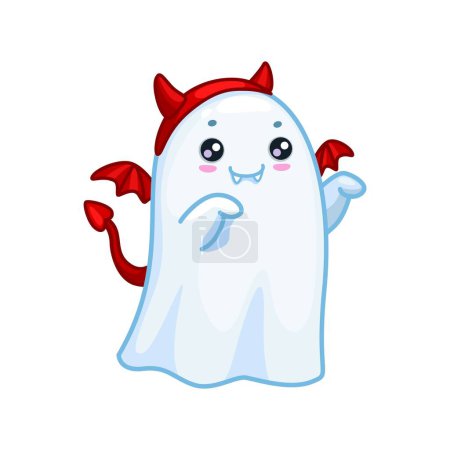 Illustration for Halloween kawaii ghost character wearing red devil horns, wings and tail for a whimsical party look. Adorable cartoon cute vector baby spook combining funny elements for a charming and unique costume - Royalty Free Image