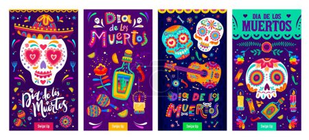 Ilustración de Dia De Los Muertos banderas de vacaciones mexicanas, calaveras de azúcar Día de Muertos en sombrero, fondo vectorial. Guitarra de fiesta mexicana, maracas y tequila con chile y velas - Imagen libre de derechos