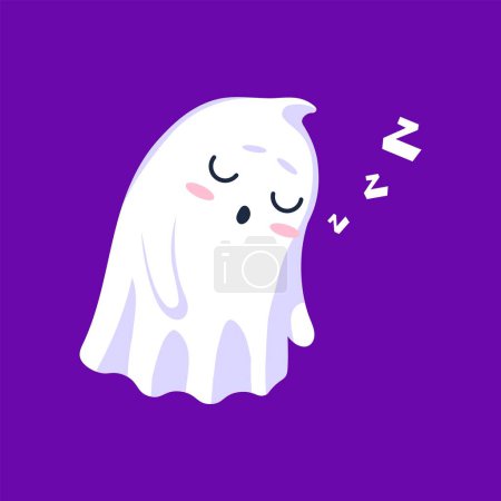Illustration for Halloween kawaii ghost sleeping, emitting gentle zzz snores. Isolated cute vector white spook peacefully slumbers, its round, innocent eyes closed. Adorable otherworldly phantom drifting in dreamland - Royalty Free Image