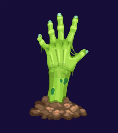 Illustration for Cartoon zombie hand for Halloween, dead monster arm reaching from grave, vector corpse. Horror night holiday zombie hands with rotten green skin and bones on evil cemetery or creepy graveyard - Royalty Free Image