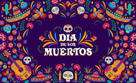 Illustration for Mexican Dia de Los Muertos holiday banner for Day of Dead, vector calavera skulls and sombrero ornament. Mexican guitar, maracas with candles, flowers and birds ethnic ornament for Dia de Los Muertos - Royalty Free Image