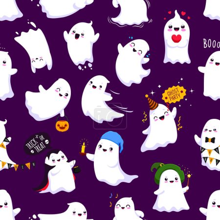 Illustration for Cartoon Halloween kawaii ghost characters seamless pattern, vector background. Halloween holiday pattern with cute cheerful ghosts and happy smiling boo ghouls for trick or treat party with candles - Royalty Free Image