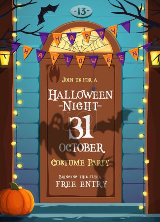 Illustration for Halloween party flyer with decorated holiday door and porch, garland and ghost silhouettes. Vector invitation poster for celebration horror night or costume party. Cottage doorway with spooky shadows - Royalty Free Image