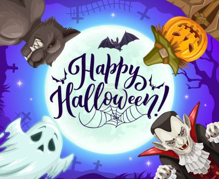 Illustration for Cartoon Halloween holiday characters on night cemetery background. Vector spooky ghost, pumpkin scarecrow, scary Dracula vampire, horror werewolf and bat personages with full moon, graveyard, crosses - Royalty Free Image