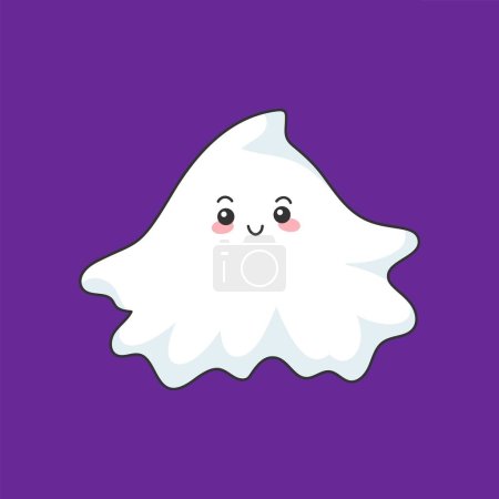 Ilustración de Personaje fantasma de Halloween de dibujos animados kawaii con ojos redondos, mejillas sonrosadas y una sonrisa juguetona. Vector aislado flotante blanco adorable fantasma bebé, personaje lindo y espeluznante expresar emoción positiva - Imagen libre de derechos