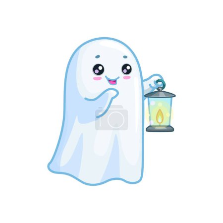 Illustration for Halloween kawaii ghost character clutching a lit lantern. Isolated cartoon vector charming baby spook personage wander at night. Adorable yet eerie, a blend of innocence and spookiness - Royalty Free Image