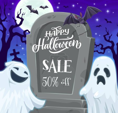 Illustration for Halloween sale banner, cartoon ghosts on gravestone. Vector ads background for autumn seasonal discount offer. Advertisement card with funny flying white sheet spirits at night cemetery with bats - Royalty Free Image