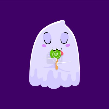 Illustration for Cartoon cute Halloween kawaii ghost character licking a lollipop, featuring a friendly smile and closed eyes. Isolated vector adorable phantom with playful floating appearance enjoying sweet dessert - Royalty Free Image