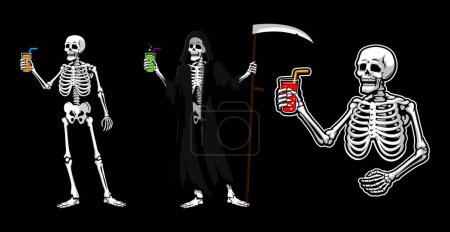 Illustration for Halloween skeleton and reaper with scythe drinking cocktail. Isolated vector spooky personages sip eerie beverages, embodying the macabre spirit of the night, adding a spooky twist to the celebration - Royalty Free Image