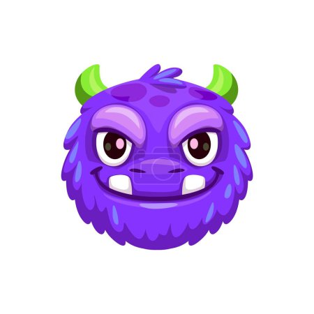 Illustration for Cartoon halloween monster emoji. Isolated vector funny creature face emoticon with wild eyes, fangs, purple fur, green horns and eerie grinning, embodies spooky fun for festive digital expressions - Royalty Free Image