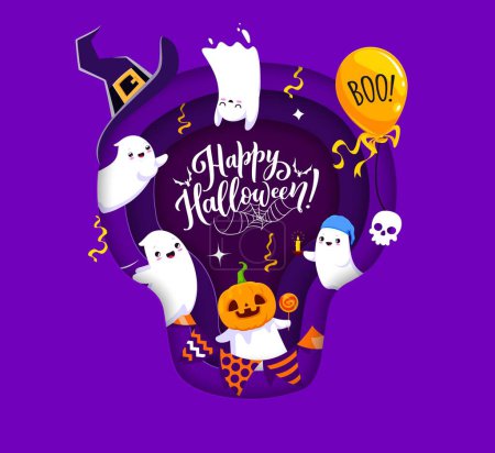 Illustration for Halloween paper cut skull shape banner with cute kawaii ghosts. 3d vector border with cartoon funny spooks, pumpkin, witch hat, balloon, confetti and garland inside of layered wavy papercut frame - Royalty Free Image