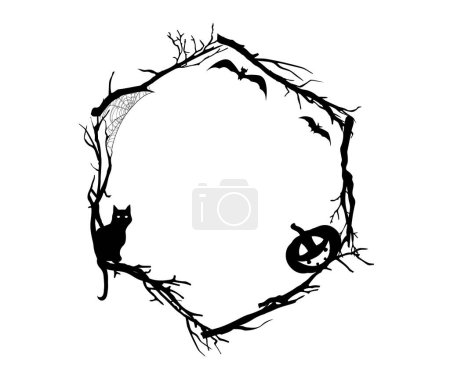 Téléchargez les illustrations : Cadre de vacances Halloween avec citrouille et chat noir, bordure de silhouette vectorielle. Halloween horreur cadre de frontière de nuit avec effrayant monstre de citrouille effrayant, chauves-souris effrayant et toiles d'araignée sur les branches d'arbre - en licence libre de droit