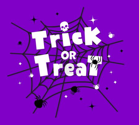 Trick or treat halloween holiday banner with cobweb and spiders. Vector purple background with spooky and intricate spiderweb, stars and crawling insects. Card for eerie trick-or-treat festivities