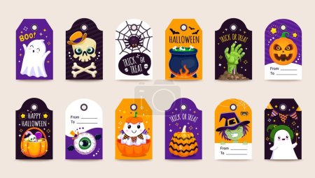 Illustration for Halloween gift tags. Isolated vector badges with cute ghost, skull, spider and cauldron. Zombie hand, jack lantern, painted pumpkin, sweets and witch. Set of decorative festive cards for presents - Royalty Free Image