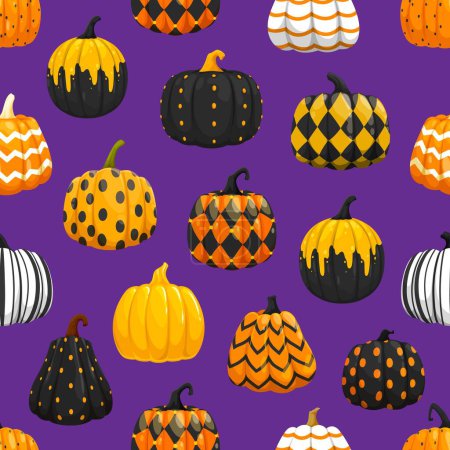 Illustration for Seamless pattern of halloween painted pumpkins with holiday ornament. Vector tile background with colorful gourd plants with black, orange and white decor such as dots, rhombus, stripes or zig-zag - Royalty Free Image