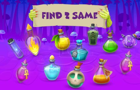 Illustration for Find two same Halloween potion bottles in magic forest, kids game vector worksheet. Halloween puzzle quiz, matching game with cartoon glass bottles, flasks and jars of witch potion and alchemy elixir - Royalty Free Image
