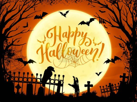 Illustration for Halloween cemetery silhouette landscape with zombie hand, tombstones and graves, flying bats and big moon, creepy trees and fence. Vector Halloween holiday, trick or treat horror night party poster - Royalty Free Image