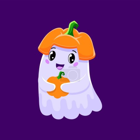 Illustration for Cartoon cute Halloween kawaii ghost character with pumpkin hat and in hands, adding a charming twist to spooky holiday. Adorable, playful vector spook captures the spirit of season in a whimsical way - Royalty Free Image
