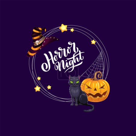 Ilustración de Marco de vacaciones de Halloween con sombrero de bruja, gato negro y calabaza. Frontera redonda vectorial con letras de noche de horror, adorable gatito de dibujos animados, linterna jack, telaraña espeluznante, estrellas y sombrero de mago rayado - Imagen libre de derechos