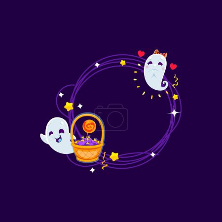 Illustration for Halloween holiday frame with kawaii ghosts. Delightful empty vector round border adorned with adorable cartoon spooks, hearts, stars and sweets and wicker basket, perfect for capturing spooky memories - Royalty Free Image