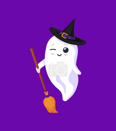 Illustration for Halloween kawaii ghost character donning a charming witch hat and carrying a broomstick. Cartoon vector cute phantom exuding a delightful mix of spookiness and cuteness. Adorable spirit personage wink - Royalty Free Image