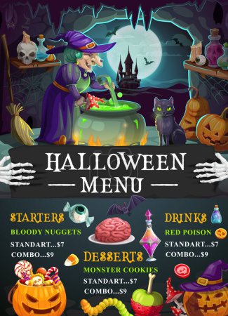 Illustration for Halloween holiday menu template with cartoon spooky witch character cooking brew in cauldron. Vector background listing ghoulish delights, festive snacks and meals, starters, desserts and drinks - Royalty Free Image