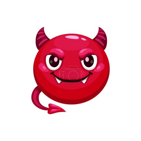 Illustration for Cartoon Halloween devil emoji, depicts a mischievous, grinning face with devilish horns and a sinister smile, used to convey playful or wicked intent in messages. Isolated vector red face of the imp - Royalty Free Image