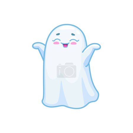 Ilustración de Halloween kawaii personaje fantasma. Dibujos animados lindo fantasma vector con una gran sonrisa, y una expresión lúdica añade un toque encantador y encantador a la temporada espeluznante. Dulce divertido y adorable bebé espíritu - Imagen libre de derechos