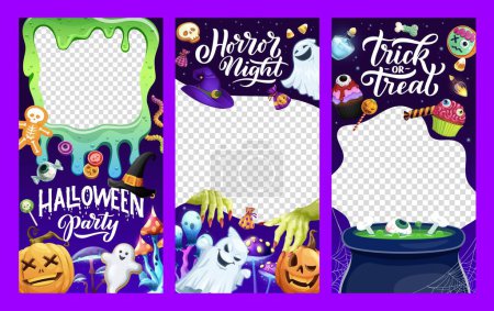 Illustration for Halloween social media templates for holiday of horror night, vector frames with cartoon monsters. Halloween holiday spooky pumpkin lanterns, scary ghosts with trick or treat sweets and witch cauldron - Royalty Free Image