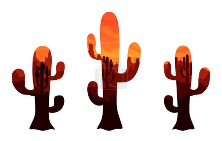 Téléchargez les illustrations : Paysage désertique mexicain avec silhouettes de cactus en double exposition, icônes vectorielles. Paysage désertique occidental du Texas, de la vallée de l'Arizona ou des rochers et canyons de montagne mexicains en double exposition de cactus - en licence libre de droit
