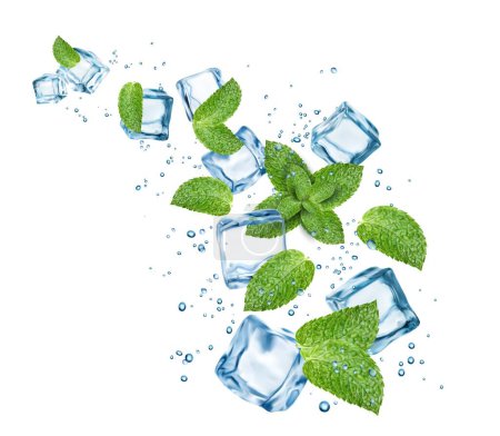 Illustration for Blue water flow with ice cubes, mint leaves and bubbles, menthol, coolmint and peppermint realistic vector. Mojito, soda water and lemonade drink beverage pour wave with ice cube in splashing water - Royalty Free Image