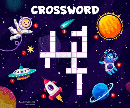 Illustration for Crossword quiz game with cartoon characters and spaceships at starry galaxy space, vector worksheet. Kid spaceman astronaut with alien UFO, rocket and planets on crossword quiz game to guess word - Royalty Free Image