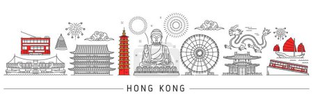 Hong Kong silhouette. Cantonese travel landmarks and buildings cityscape. Vector line Hong Kong city Big Buddha statue, temple and pagoda tower, tram, junk boat and ferry, clouds, dragon and fireworks