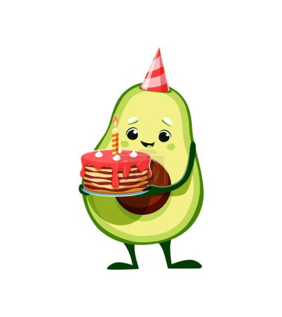 Illustration for Cartoon kawaii mexican avocado character with a festive birthday cake. Isolated vector cute and cheerful fruit personage sporting a big smile and hat blowing burning candle during joyful celebration - Royalty Free Image