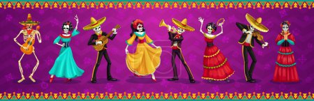 Ilustración de Día Mexicano de Muertos o Dia De Los Muertos personajes, Mariachis músicos, Catrina y esqueletos, bandera vectorial. Fiesta Mexicana de Dia de Los Muertos banda de música de fiesta en sombrero con guitarras, trompetas - Imagen libre de derechos