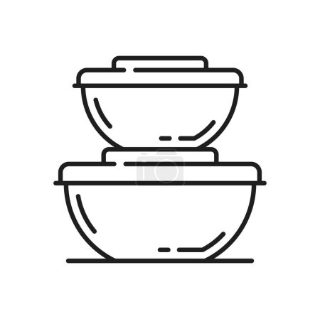 Ilustración de Cajas redondas envases de plástico, recipiente de vidrio para alimentos sopa y ensalada icono contorno de entrega. Recipiente de taza de papel vectorial para helados y postres - Imagen libre de derechos
