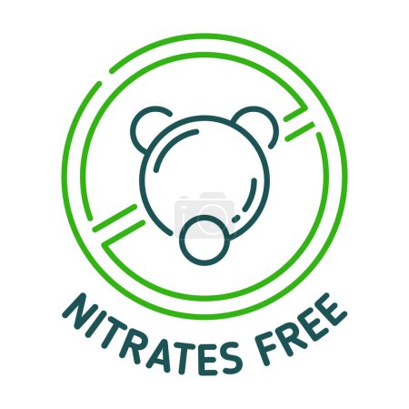 Illustration for Nitrates free icon and sign. Certified quality product, nitrates free warranty, healthy nutrition thin line sign or vector pictogram. Bio safe agriculture, organic farm natural food outline symbol - Royalty Free Image