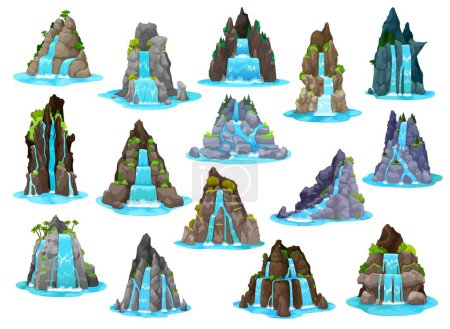 Illustration for Cartoon waterfall and water cascade, game assets and nature landscapes, vector GUI. Waterfall and cascades from mountain river or island rock, tropical forest lake for fantasy game assets and levels - Royalty Free Image