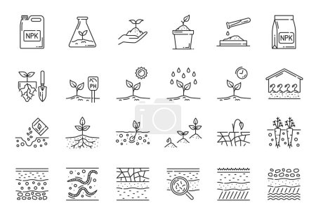 Illustration for Ground soil, agriculture and agronomy line icons. Vector plant sprouts and seedlings, root vegetables and seeds in seedbed, greenhouse and farm field isolated signs with water, sun and fertilizer - Royalty Free Image