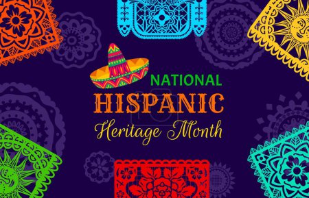Illustration for Papel picado paper cut flags on national Hispanic heritage month banner with sombrero, vector background. Hispanic Americans or Mexican ethnic tradition and culture festival of national folk art - Royalty Free Image