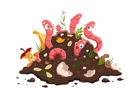 Dibujos animados divertidos personajes de lombriz de tierra en compost, humus suelo. Vermicompostaje. Las lombrices de tierra vectoriales aisladas con caras sonrientes sobresalen de la pila con desechos orgánicos. Insecto útil en el jardín, criaturas plagas