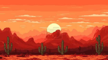 Illustration for Wild west desert landscape, 8bit pixel art game vector background with canyon rocks. Western landscape of Arizona, Texas or Mexican desert valley with sunset in sky and cactuses silhouette in 8 bit - Royalty Free Image
