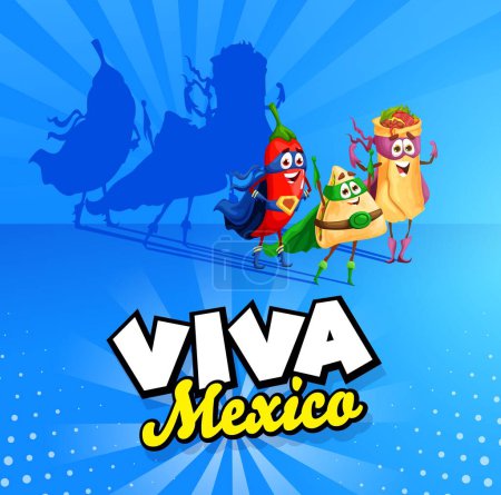 Illustration for Mexican superhero characters, viva Mexico poster with red jalapeno chili pepper, quesadilla and burrito tex mex food personage defenders wear super hero masks and capes inviting for celebration - Royalty Free Image