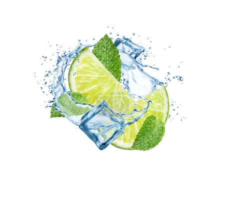 Illustration for Realistic mojito drink splash with lime, ice cubes and mint leaves, isolated vector background. Mojito drink or lemonade soda beverage water splash explosion with lime and mint leaf in pour flow - Royalty Free Image