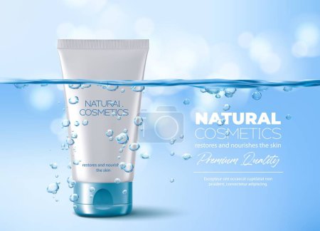Moisturizing water cosmetics, hydration. Micellar cream tube in blue water with air bubbles. Vector realistic face cream, skincare gel or makeup cosmetic package under the water surface, promo poster