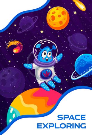 Téléchargez les illustrations : Affiche d'exploration spatiale avec personnage extraterrestre de bande dessinée entre planètes galaxiques et étoiles, fond vectoriel. Affiche de l'espace extérieur pour enfants avec un drôle d'astronaute martien en vol spatial vers des planètes dans un ciel étoilé - en licence libre de droit
