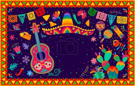 Illustration for Mexican holiday banner or poster with sombrero, guitar and maracas, vector background. Mexico holiday fiesta or celebration party papel picado flags, chili pepper and burrito with cactus and flowers - Royalty Free Image