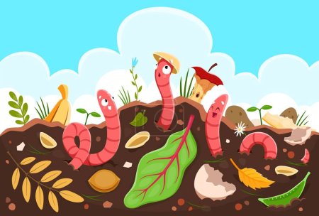 Divertidos gusanos de tierra de dibujos animados en tierra de compost, fondo de vector. Gusano de tierra en el suelo de compost de jardín con basura orgánica o residuos biológicos, agricultura natural y ambiente compostable